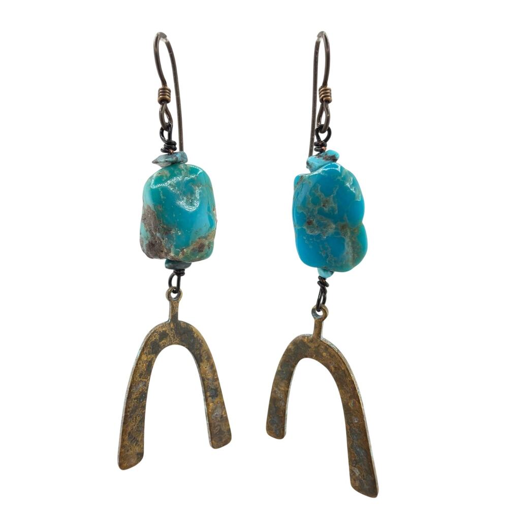 NEW Artisan Turquoise and Patina Metal Arch Dangle Earrings